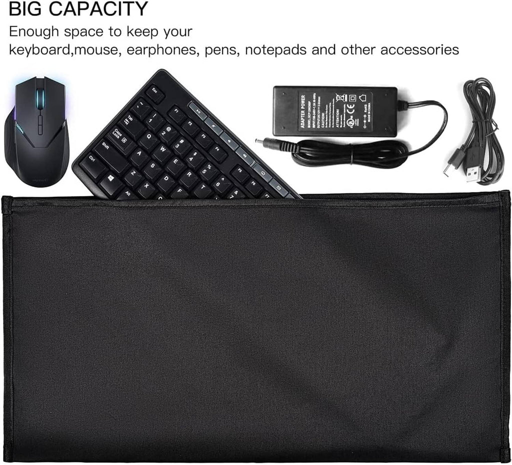 Black keyboard dust cover pouch with zipper and accessories shown nearby