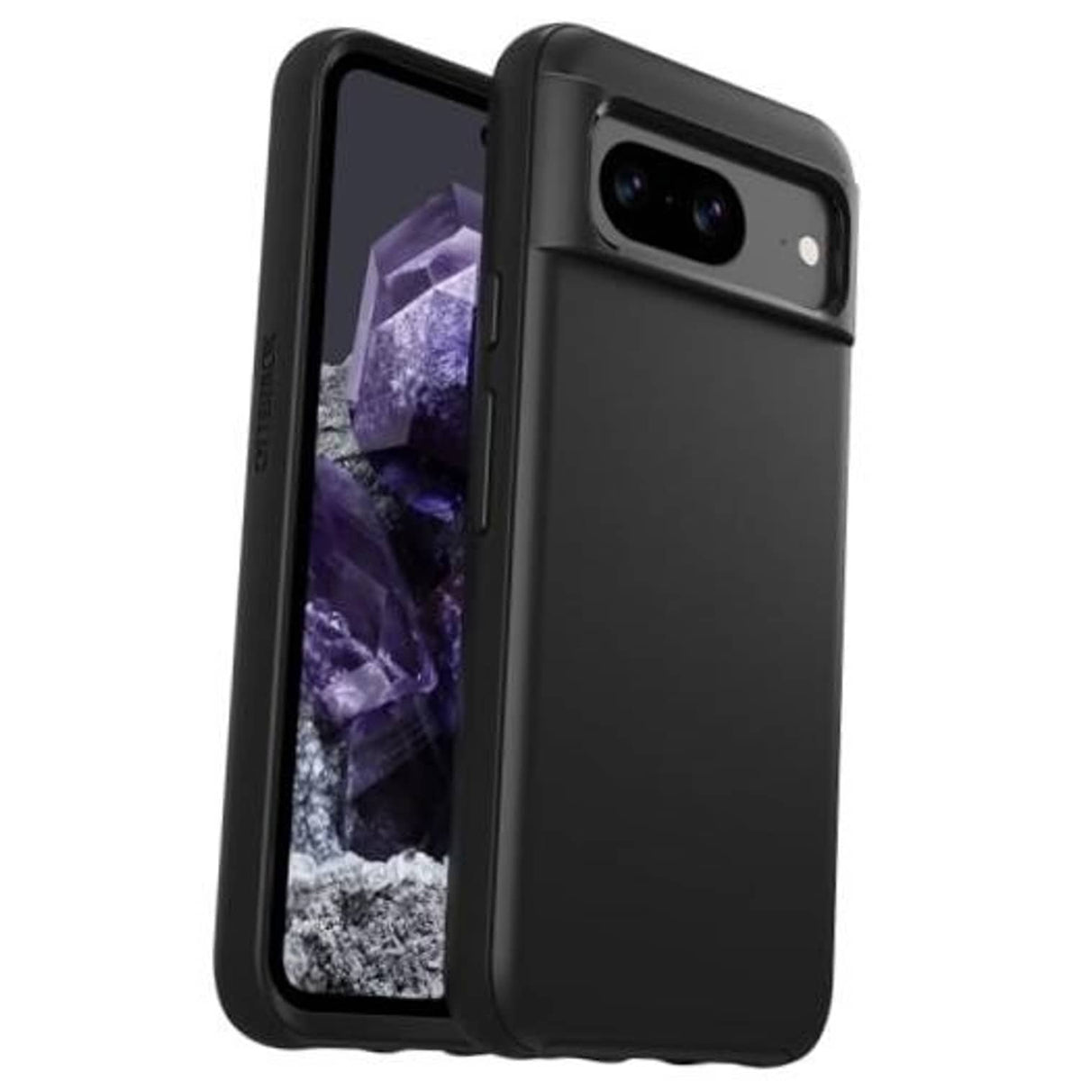Black Google Pixel 8 case with raised dual-camera cover and sleek symmetry design