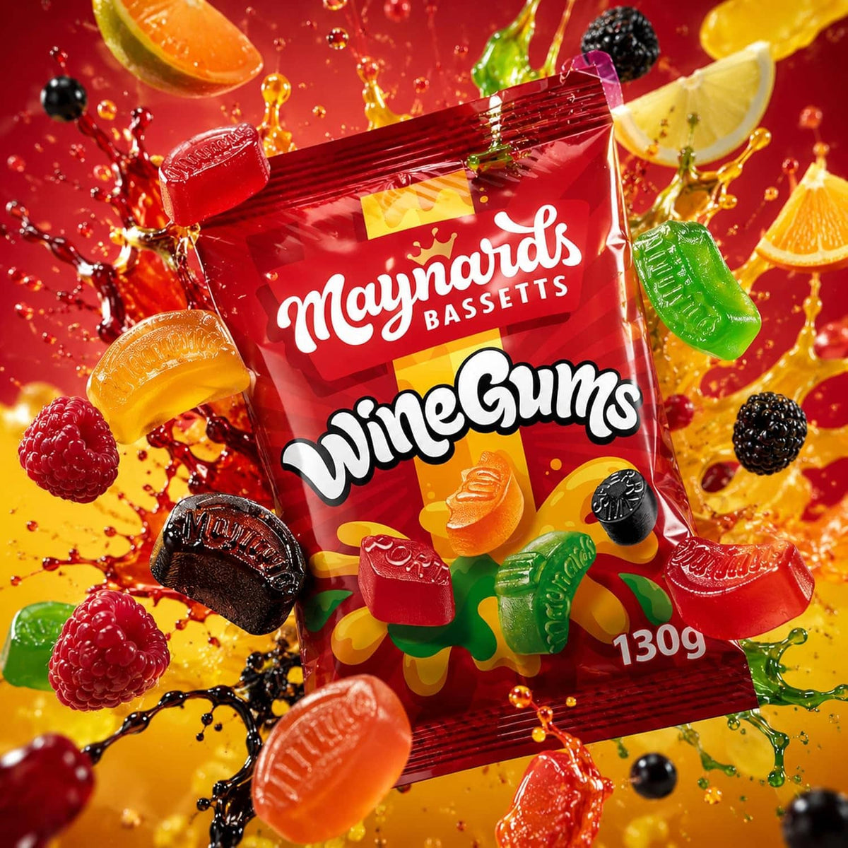 WineGums candy bag with assorted fruit gummies around it, Maynards branding, 130g.