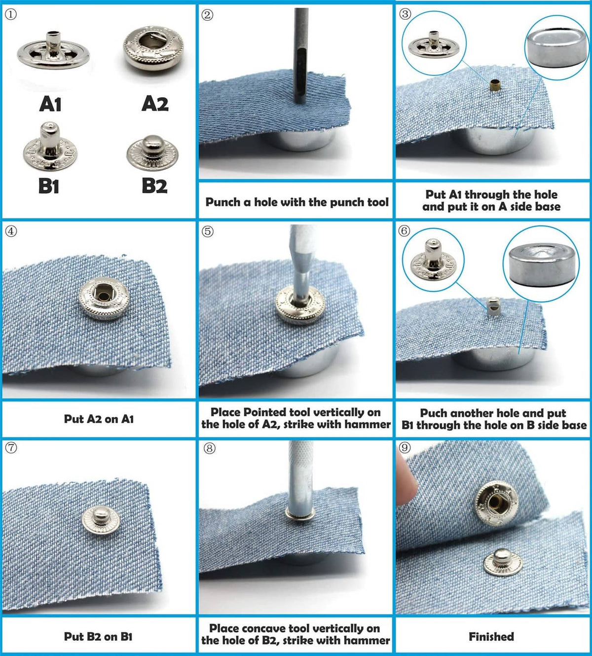 Snap button installation on denim using a punch tool and side anvil base