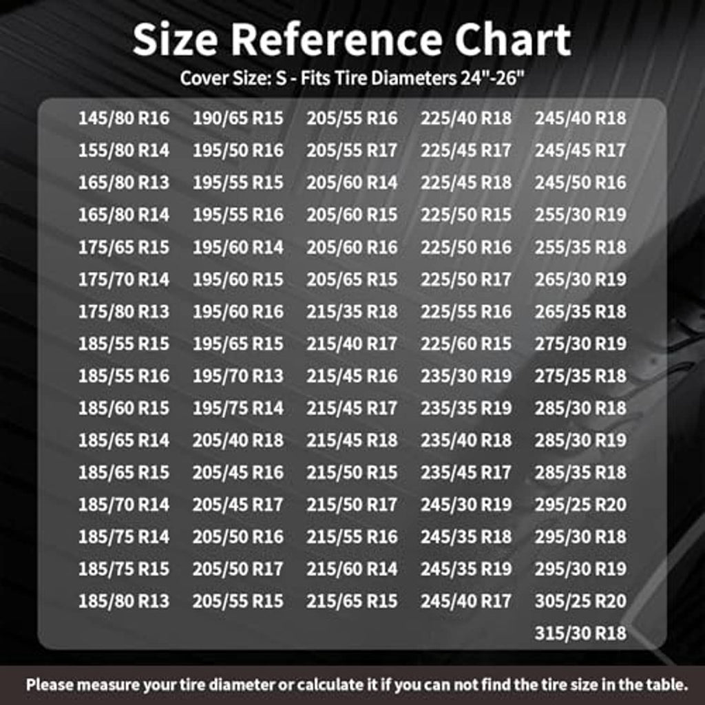 Size reference chart for S tire covers, fits 24–26 in tire diameters