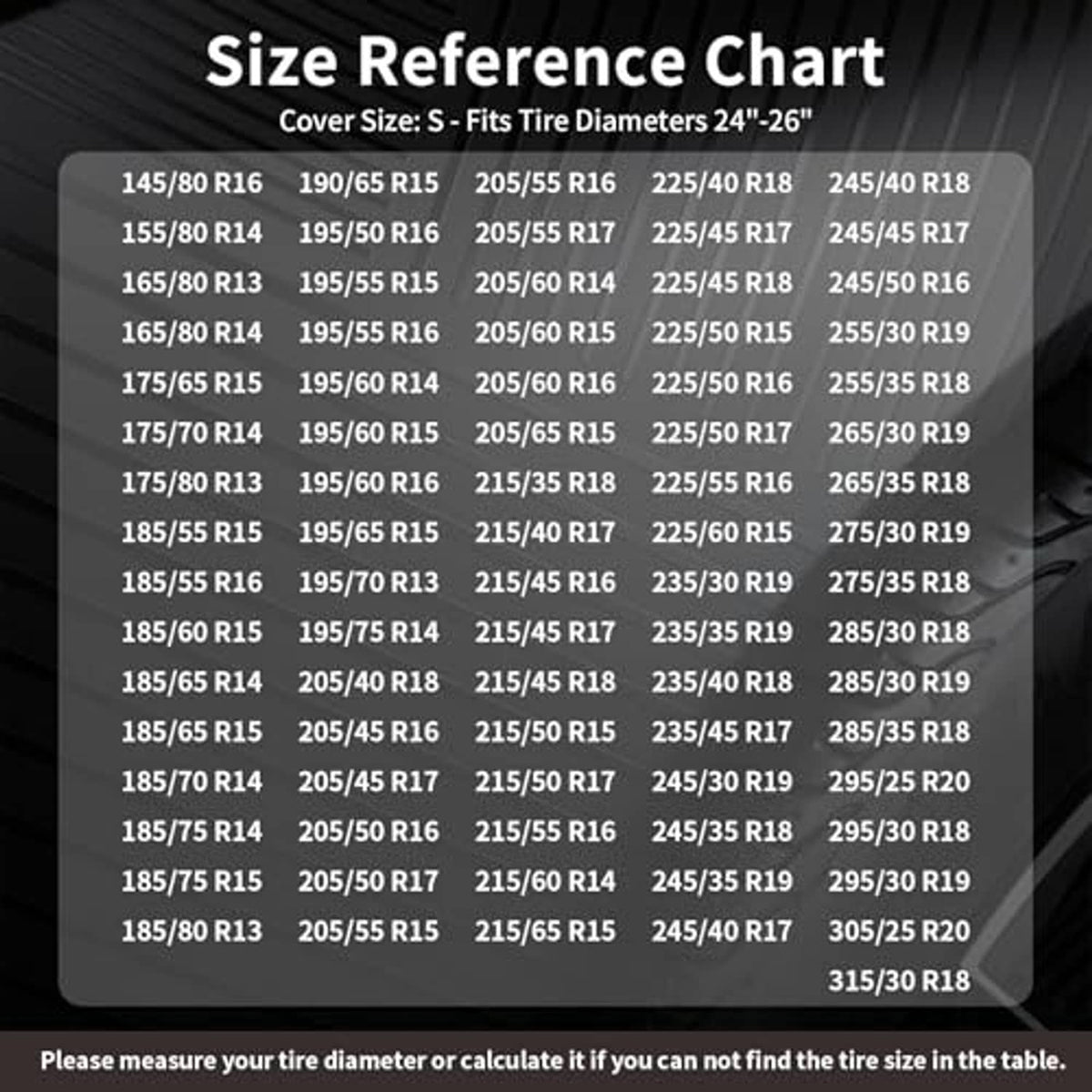 Size reference chart for S tire covers, fits 24–26 in tire diameters