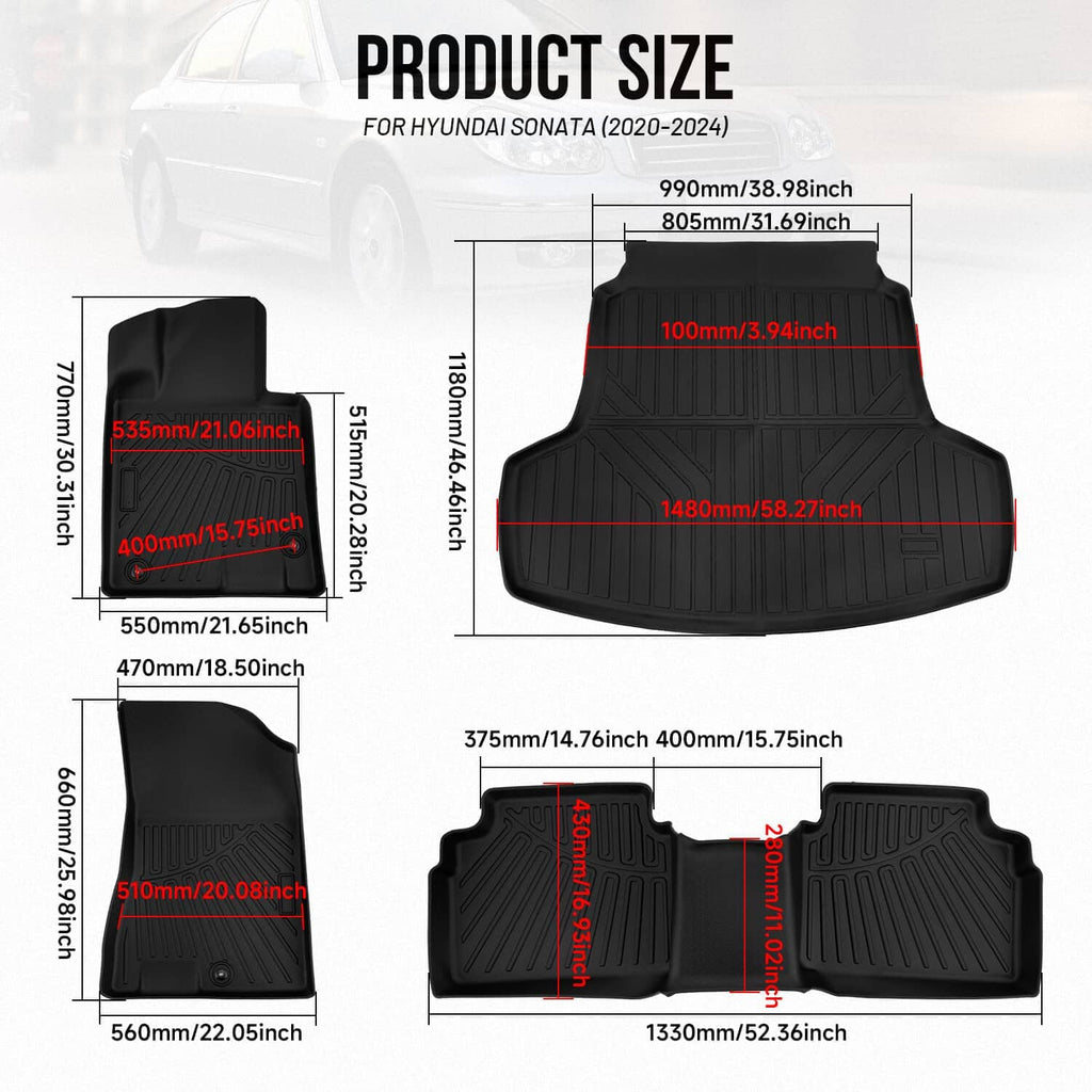 Black floor and cargo liner set size diagram showing front, rear, and trunk shapes