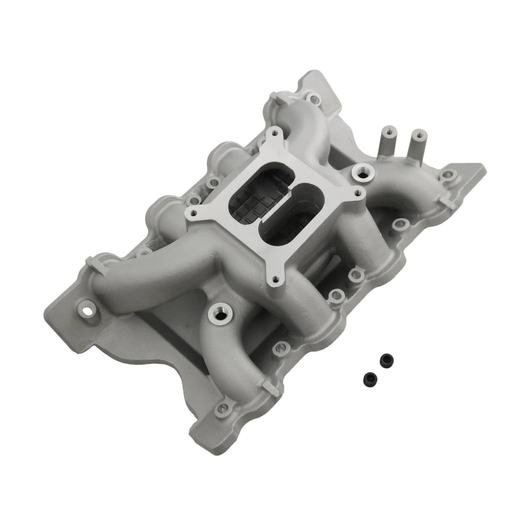 Grey intake manifold assembly with twin black air passages and side mounting points