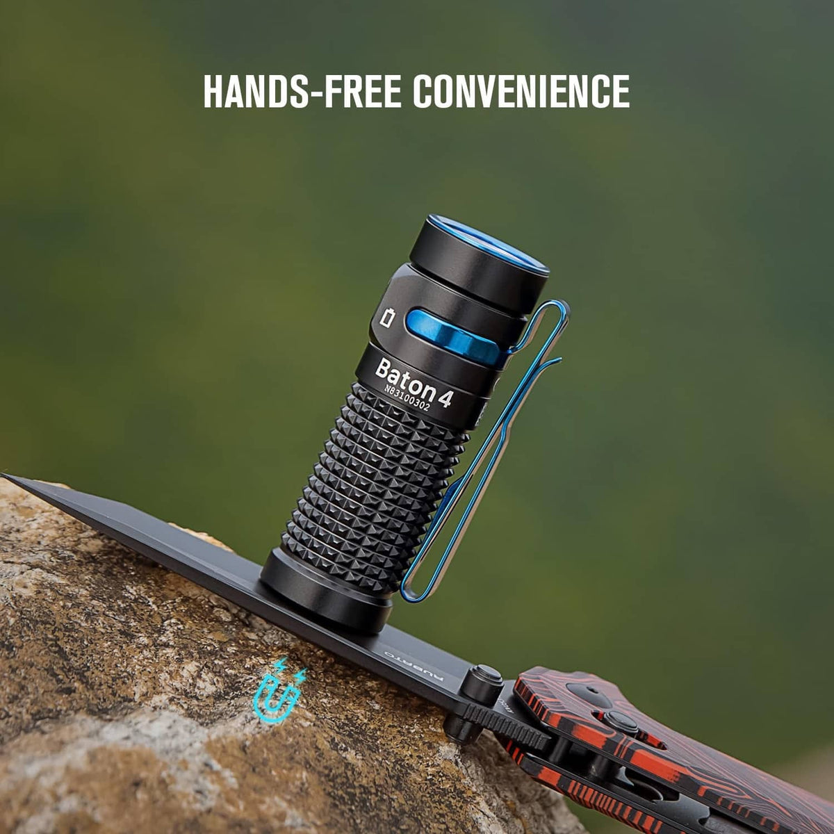 Black flashlight with textured grip and blue accents clipped to gear