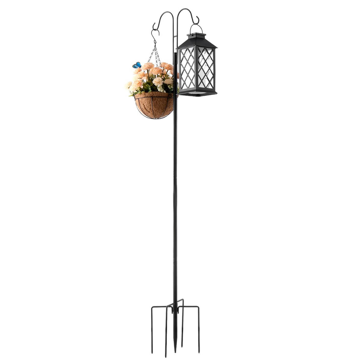 Black dual-hook bird feeder pole holding a hanging lantern and flower basket