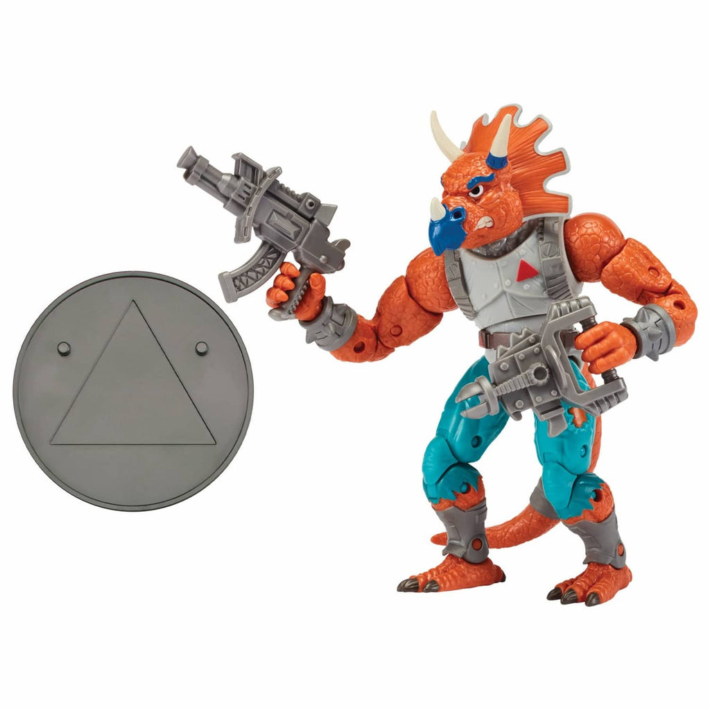 Orange triceraton TMNT action figure with blaster and round gray shield accessory