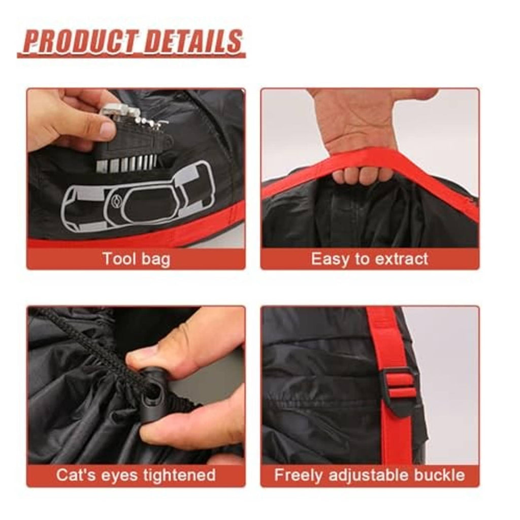 Wheel cover details: cinch tool strap, adjustable buckle, and reinforced attachment