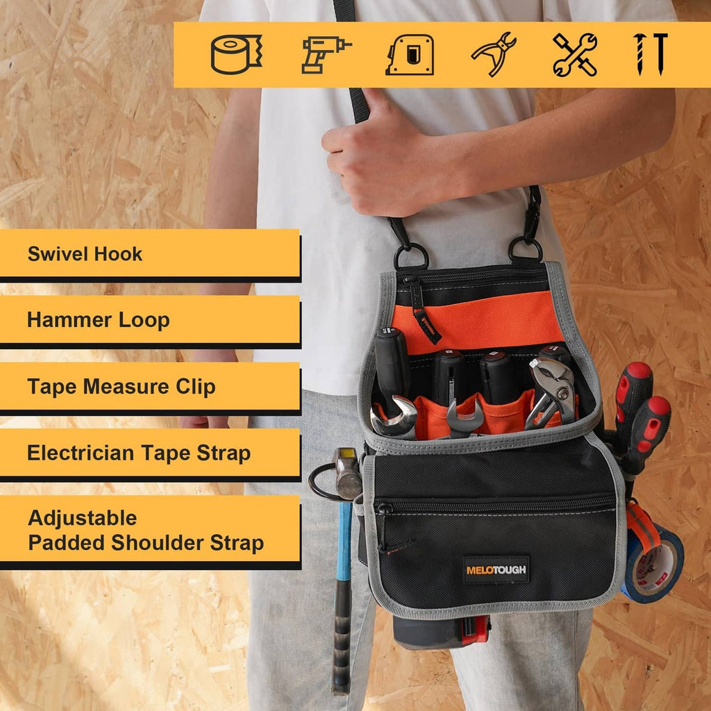Black tool pouch bag with gray trim, front pocket flap, and orange interior organizer sections