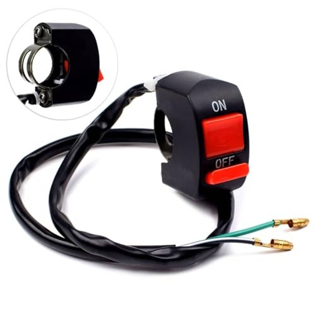 Black on/off switch with red button and attached throttle wiring leads.