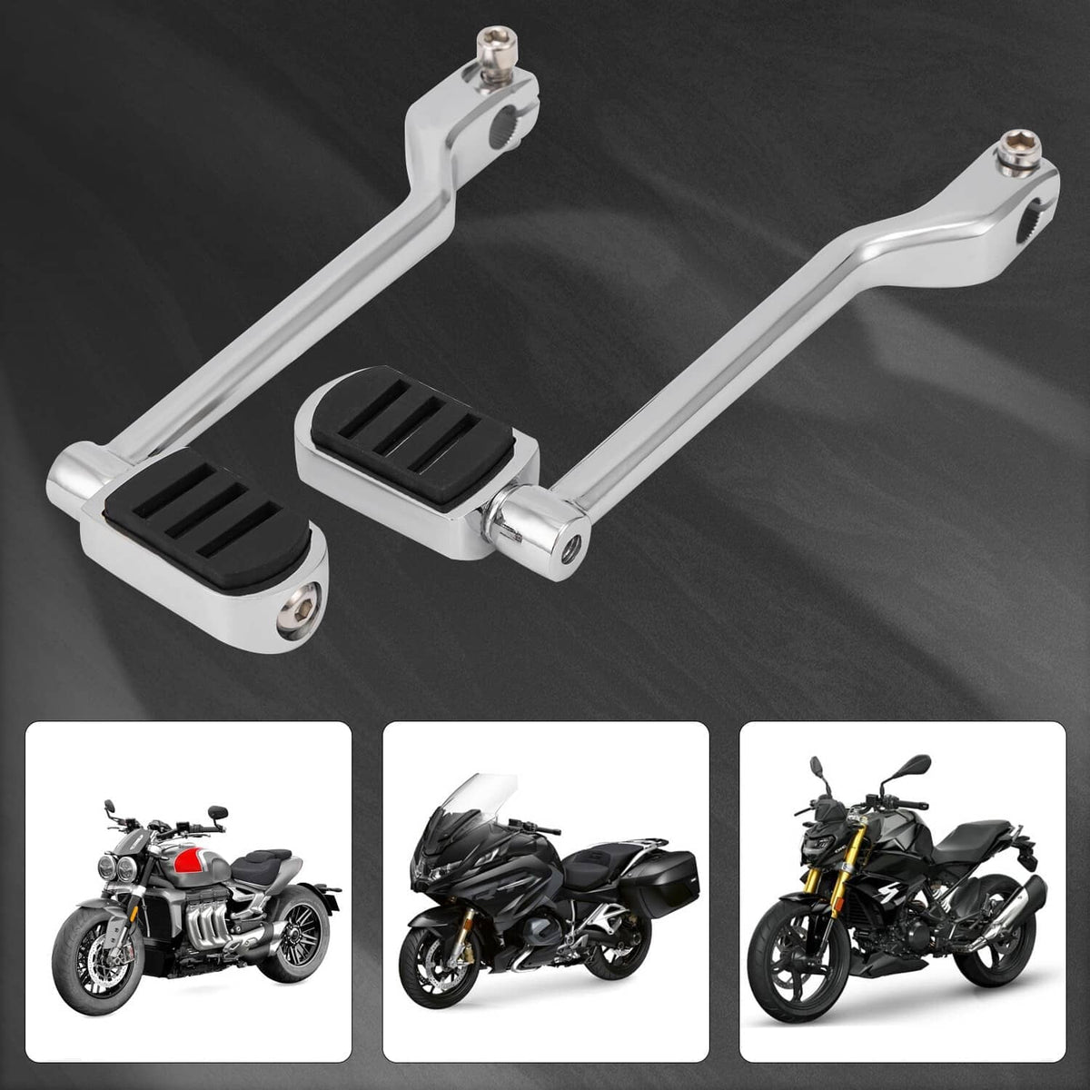 Motorcycle heel-toe shift lever kit, two black rubber pedals on silver curved bars
