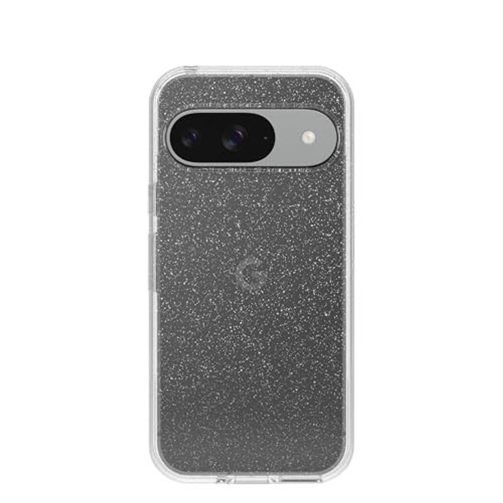 Clear glitter phone case back with dual-camera cutout and raised edges