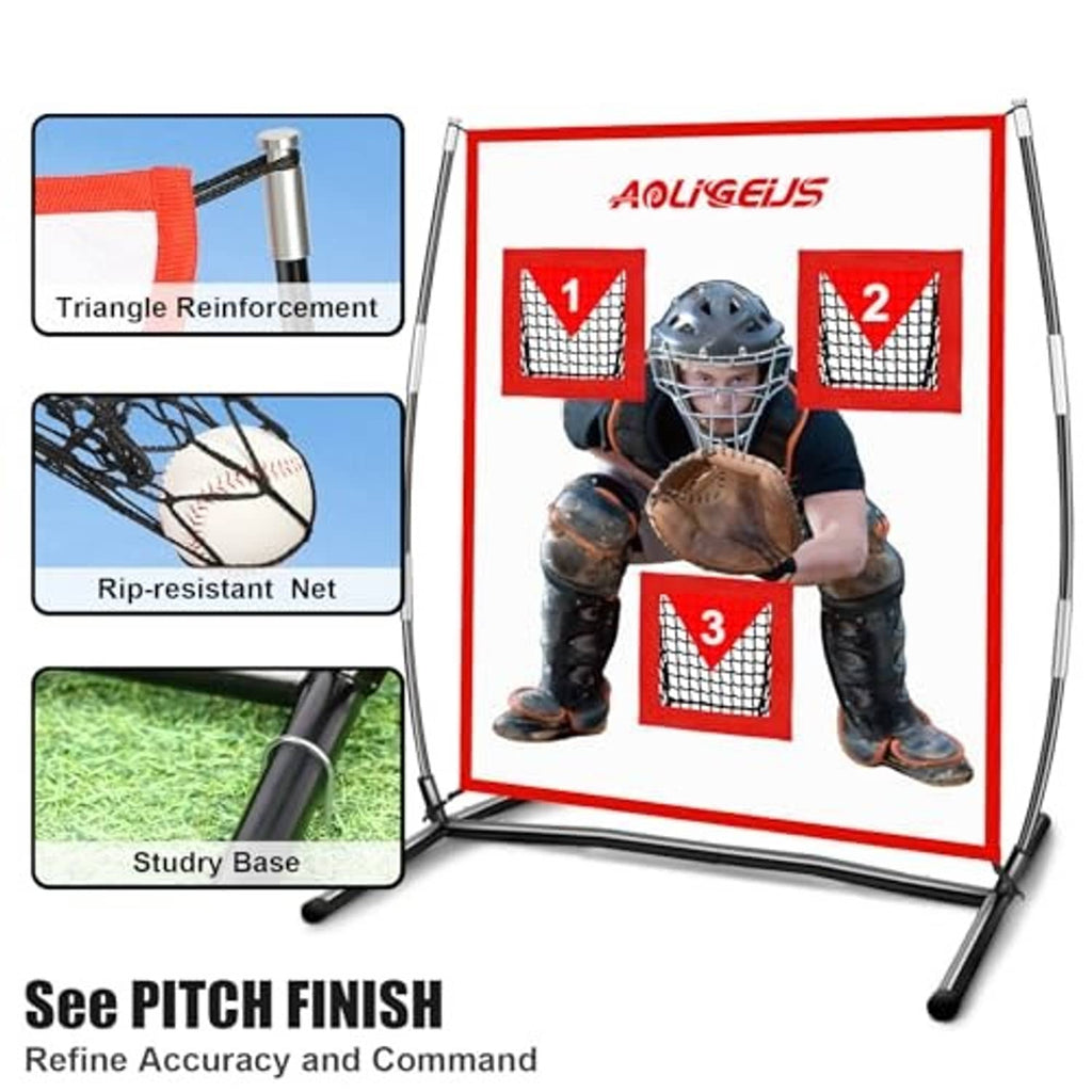 Baseball pitching target net with three red pocket panels and catcher figure