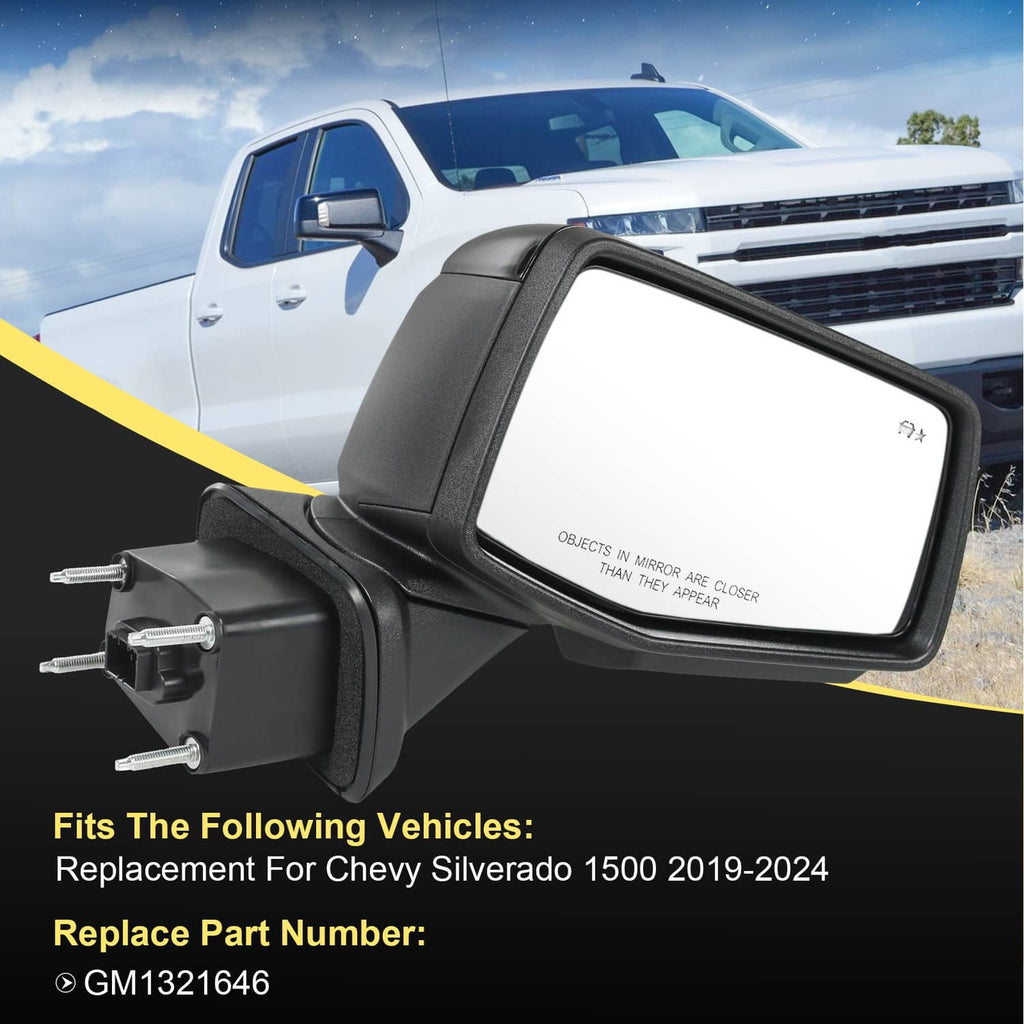 Black passenger side door mirror with clear glass and power connector on housing