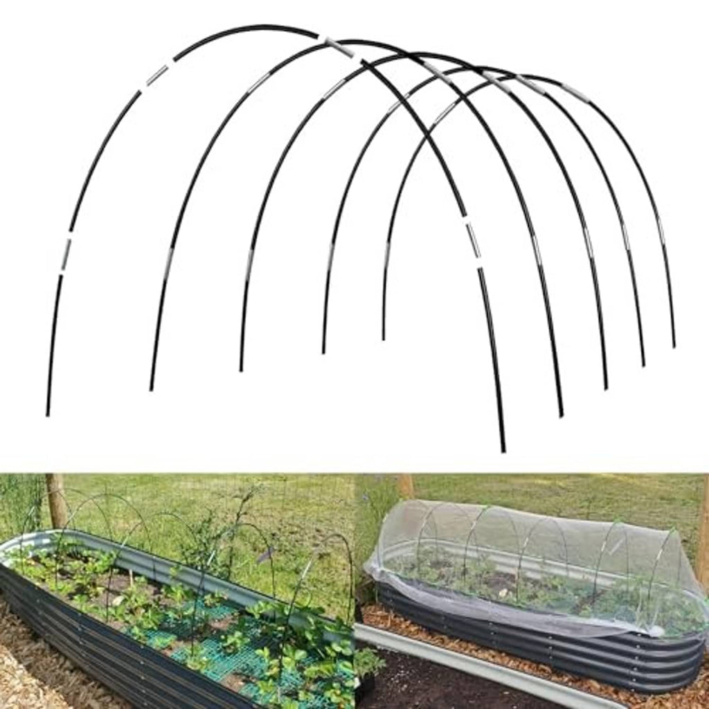 Black garden tunnel hoop set with clear cover on a raised planting bed