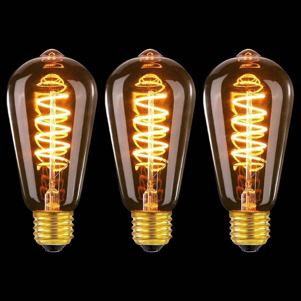 3 amber E26 LED Edison bulbs with spiral filament, glass envelope, warm light