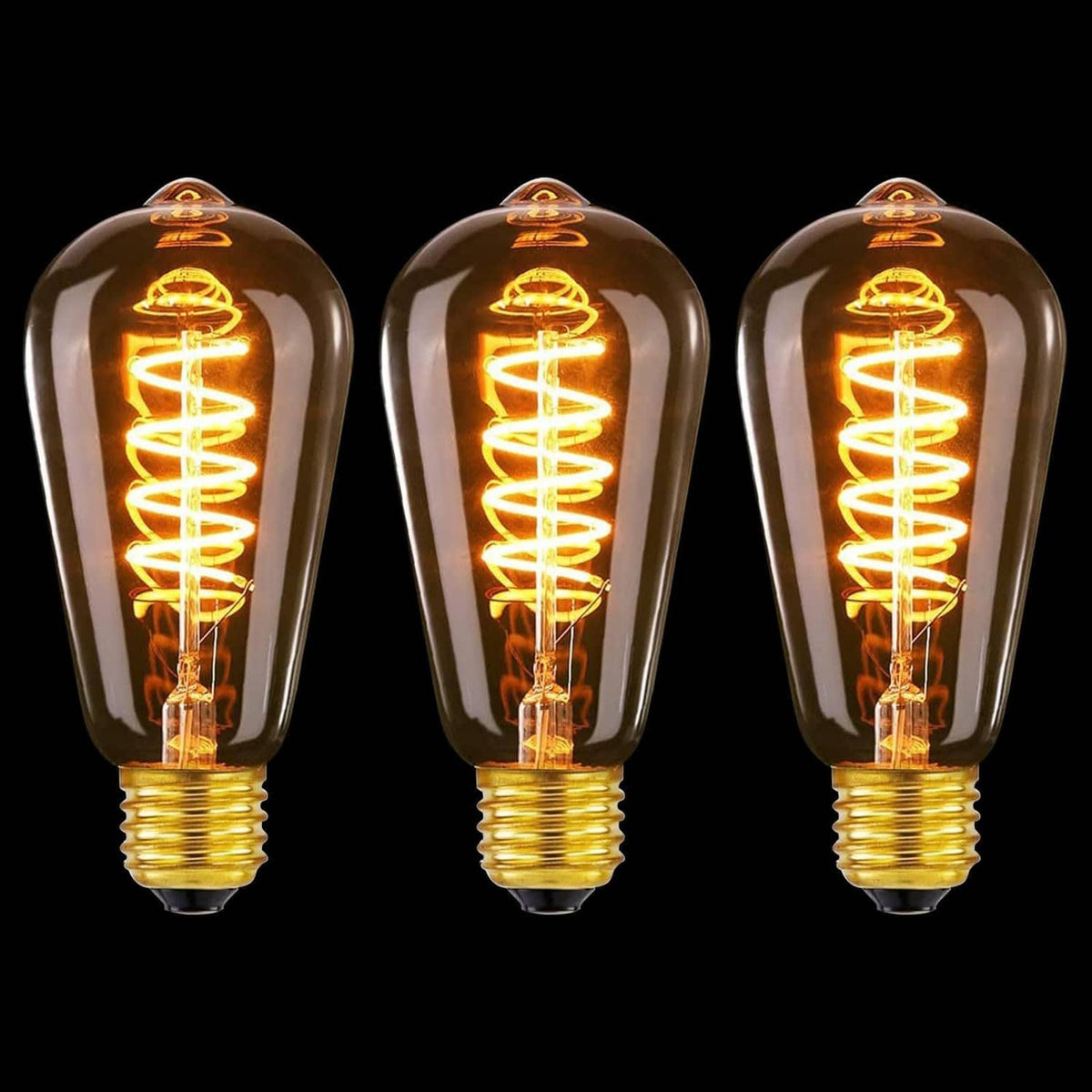 3 amber E26 LED Edison bulbs with spiral filament, glass envelope, warm light
