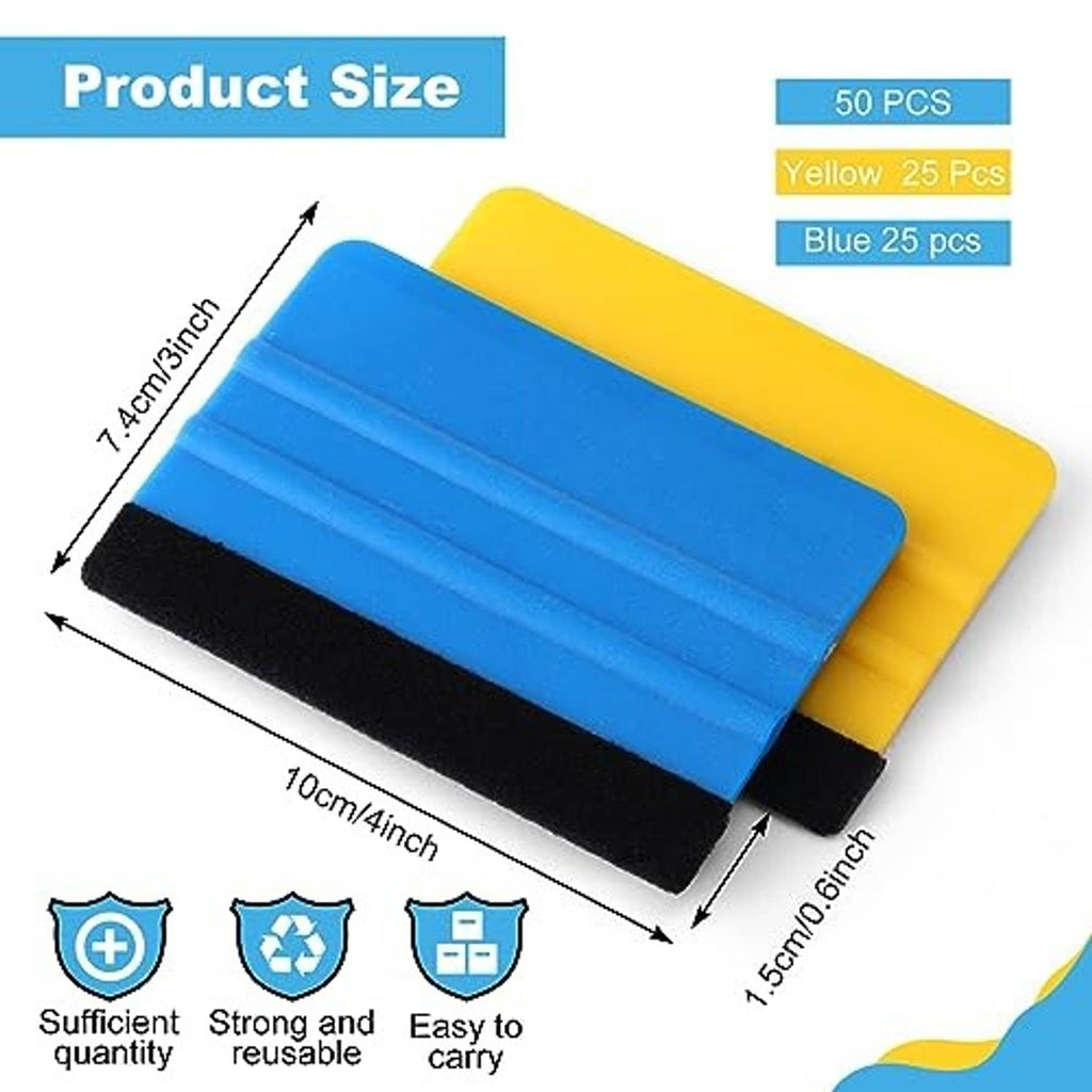 Vinyl squeegee, blue and yellow 4 in plastic handle with black felt edge pad