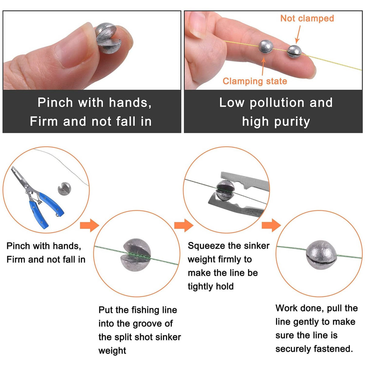 Grey split-shot fishing sinker pinched onto a line clip for secure holding