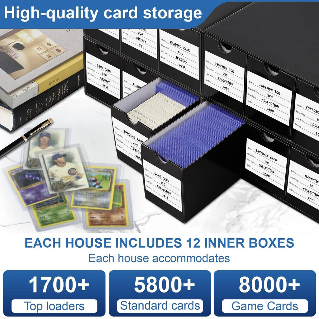 Black trading card storage box containing stacked inner boxes with label cards