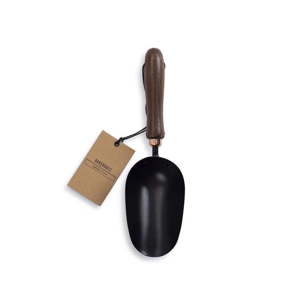 Garden scoop shovel with black metal scoop and wooden handle, shown upright