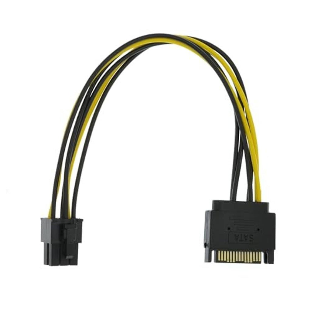SATA 15-pin to 6-pin power cable with curved yellow/black wires and black connectors