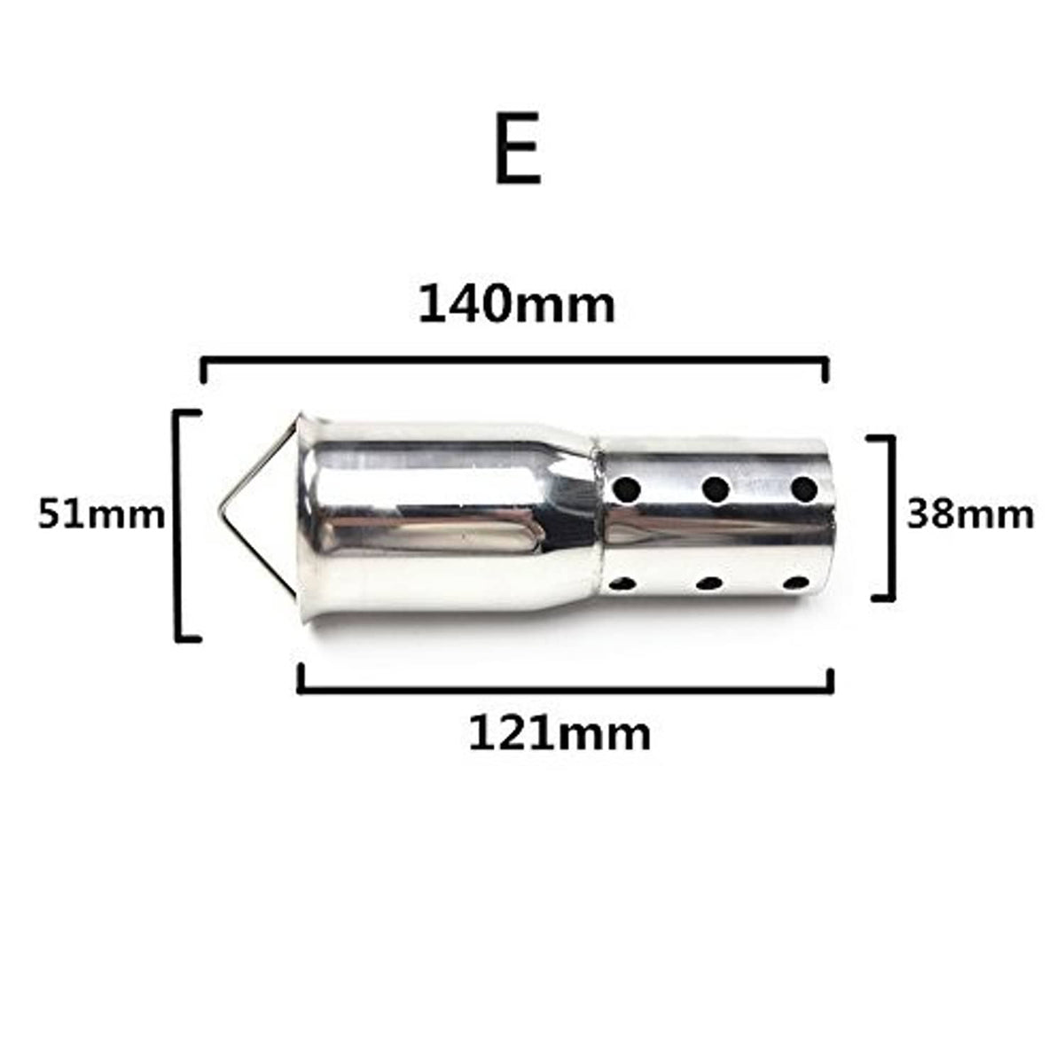 Exhaust silencer size diagram, Style E dimensions: 140mm x 51mm x 38mm