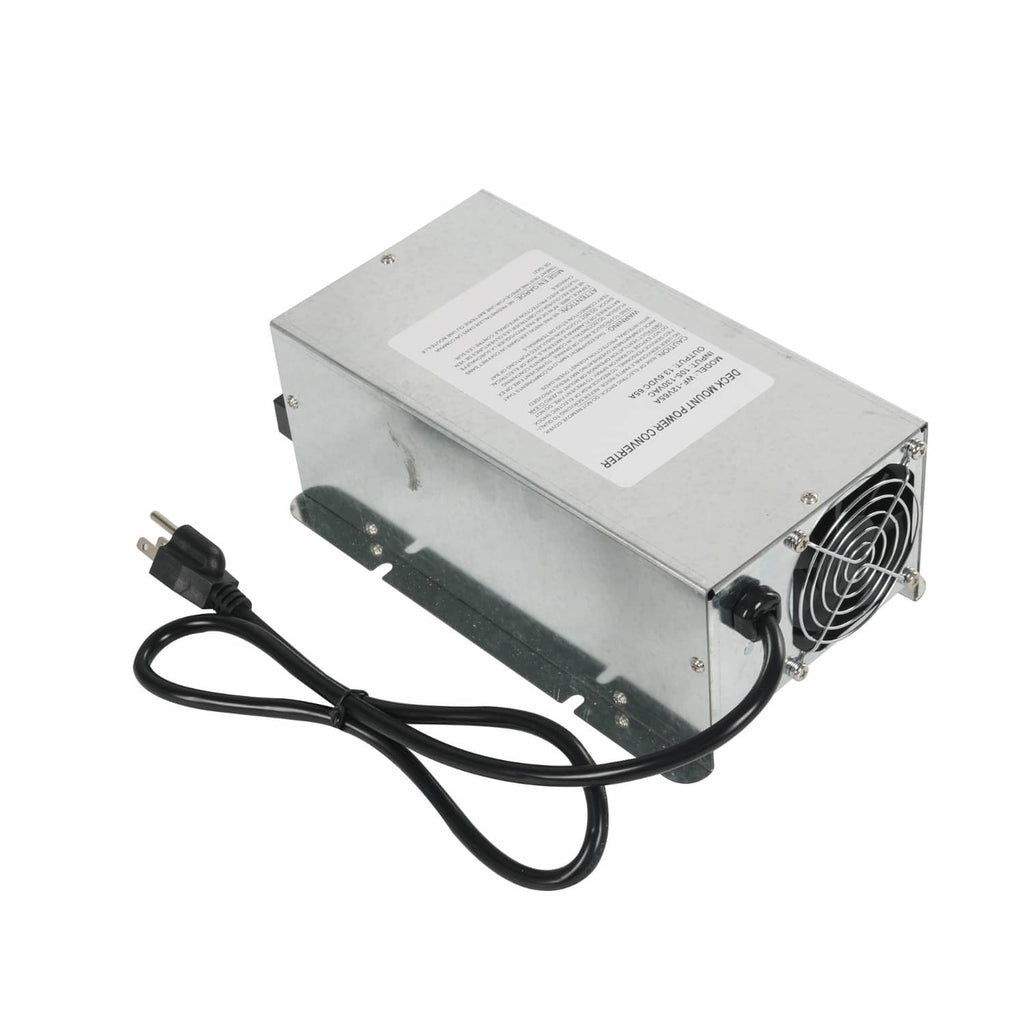 RV power converter charger with metal housing, front venting, and black power cable