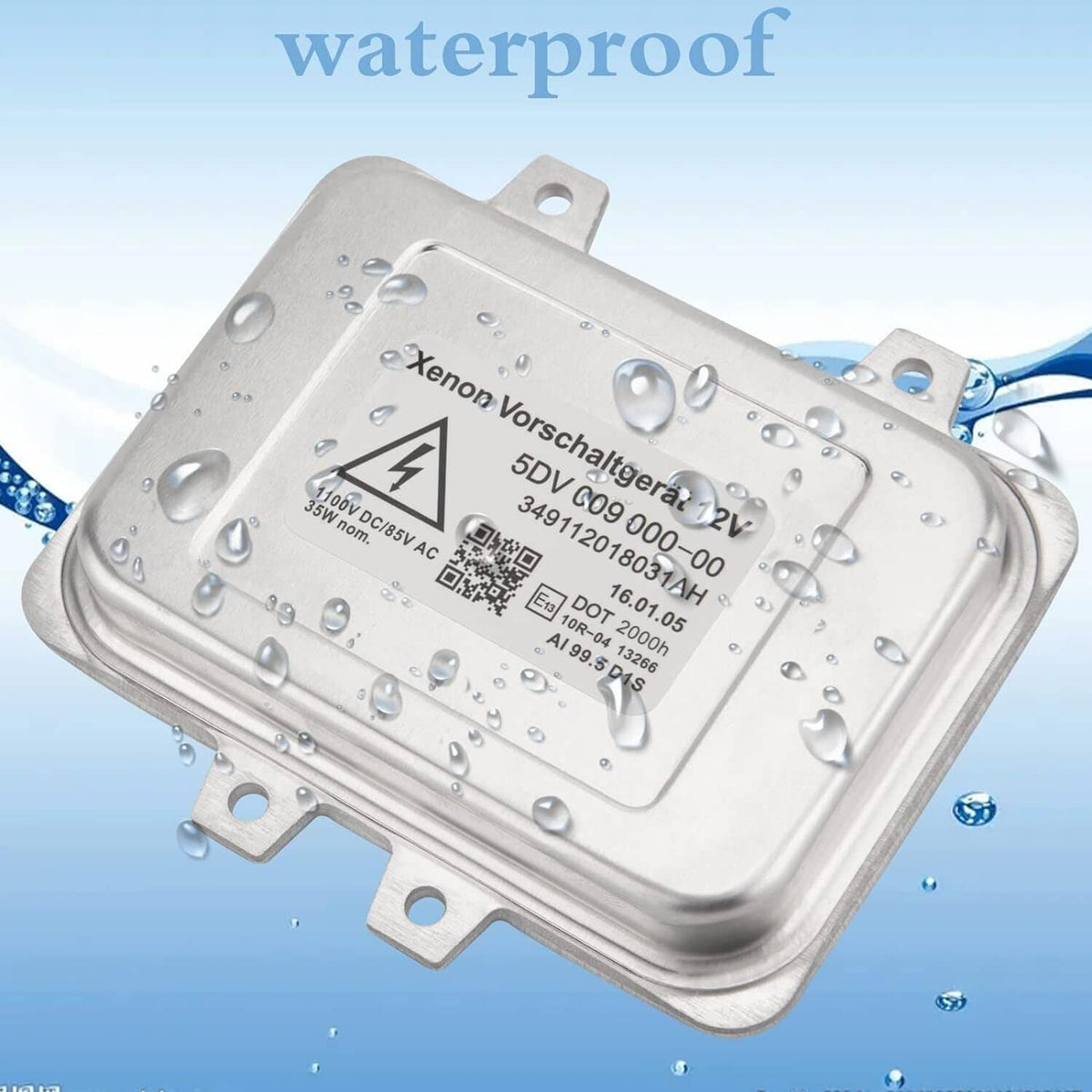 Waterproof xenon headlight ballast control unit with silver module and water droplets