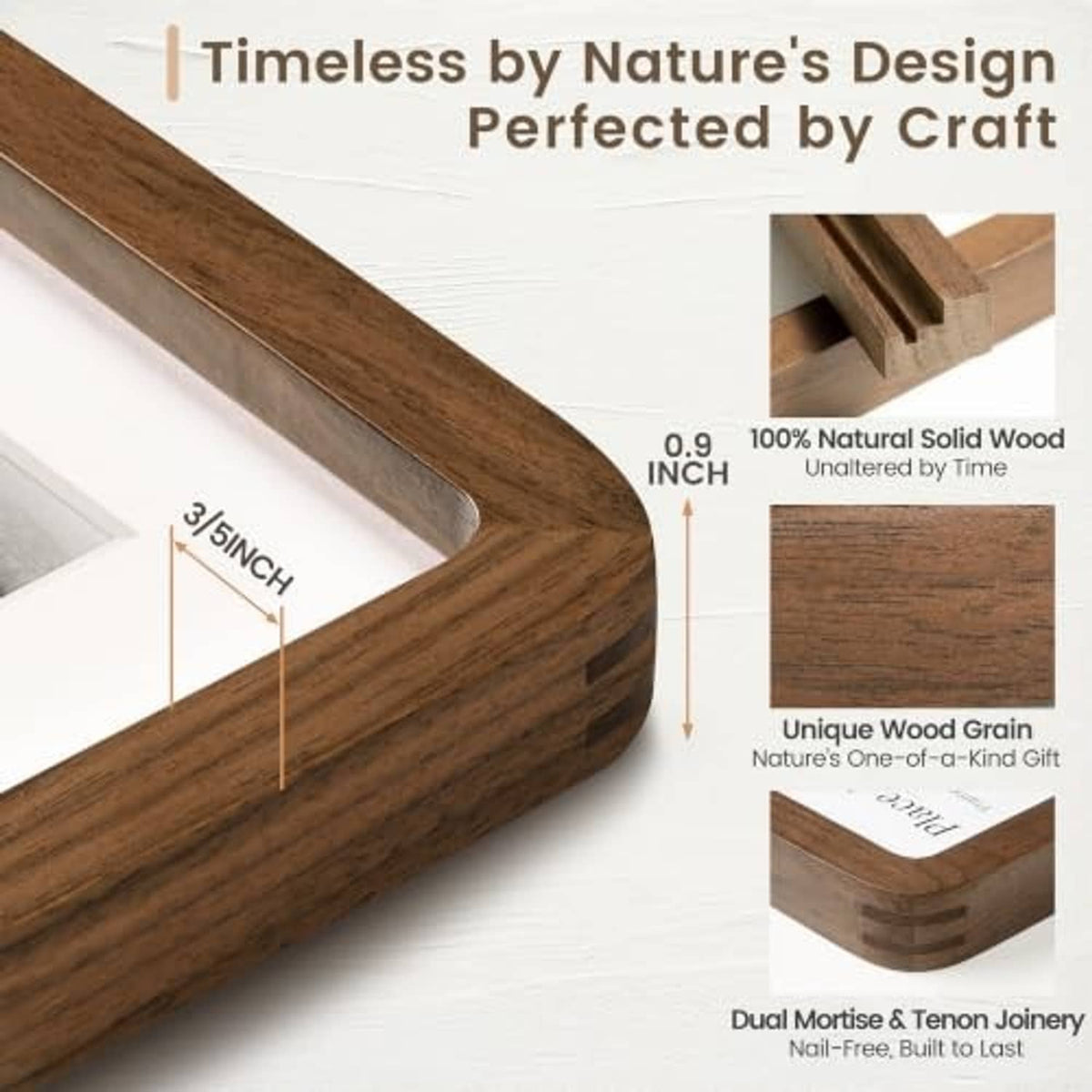 Solid walnut picture frame corner view with rounded profile and mitered joinery