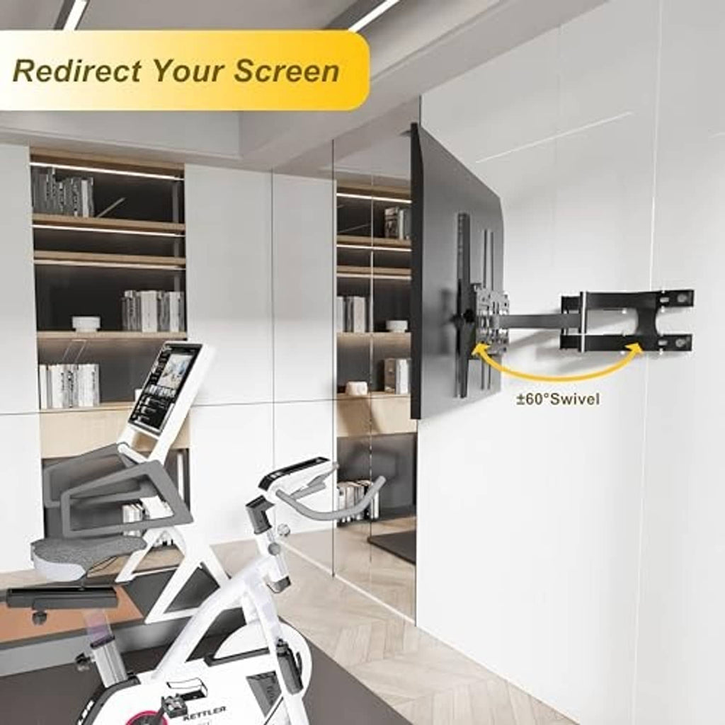 Black full-motion TV wall mount with swivel motion and retracting bracket