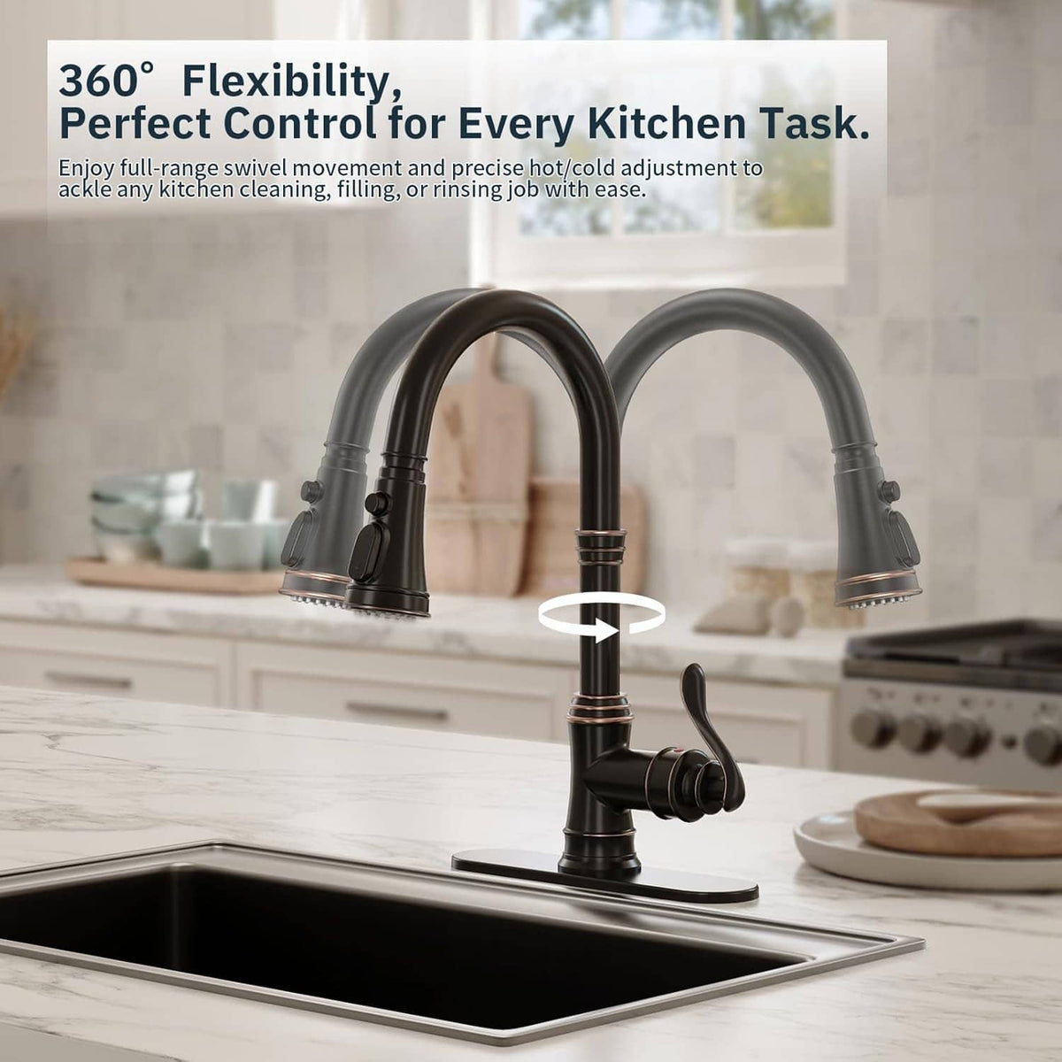 Matte black kitchen faucet with pull-down sprayer and oil-rubbed bronze accent trim
