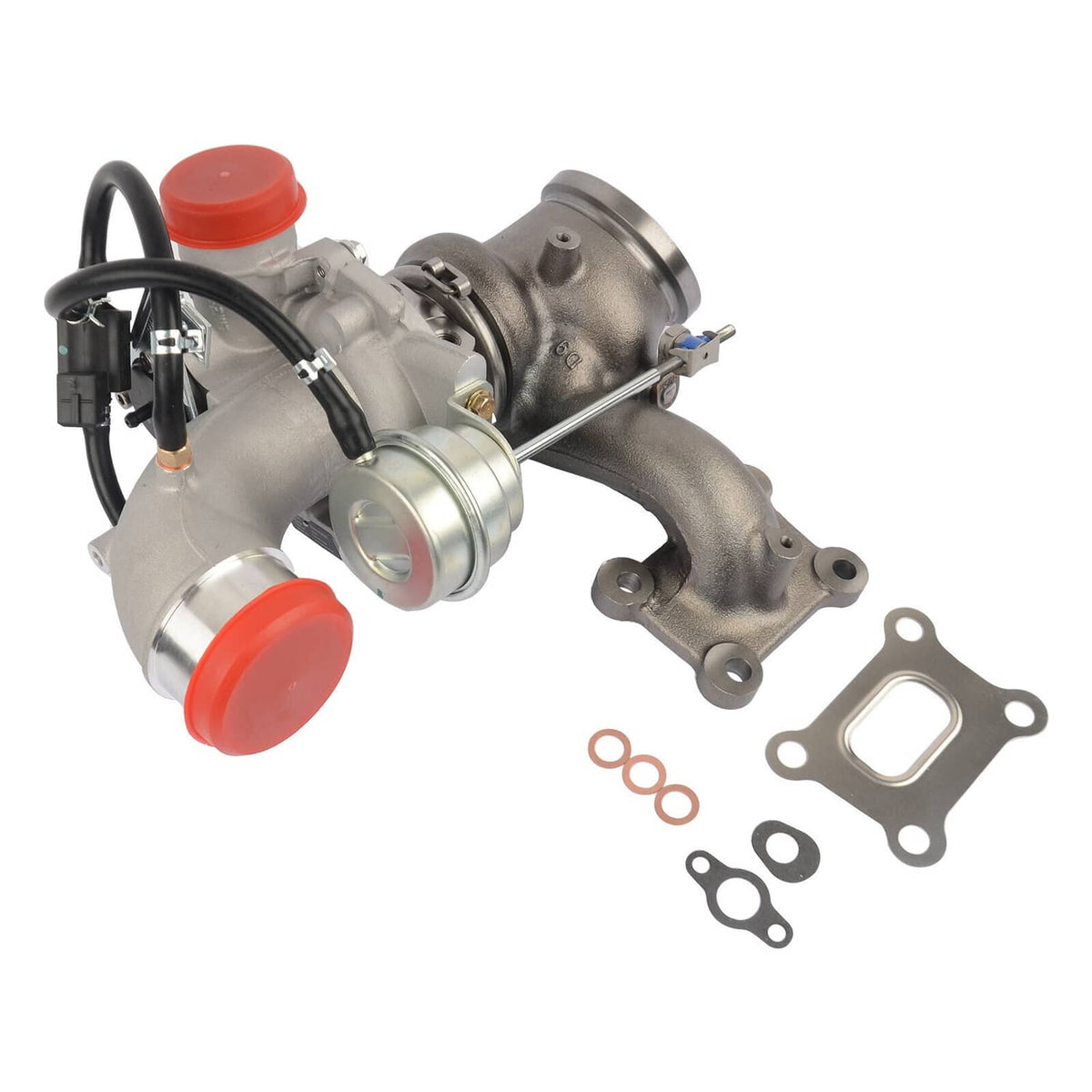 Turbocharger kit with metal assembly, red caps, and included gaskets and O-rings