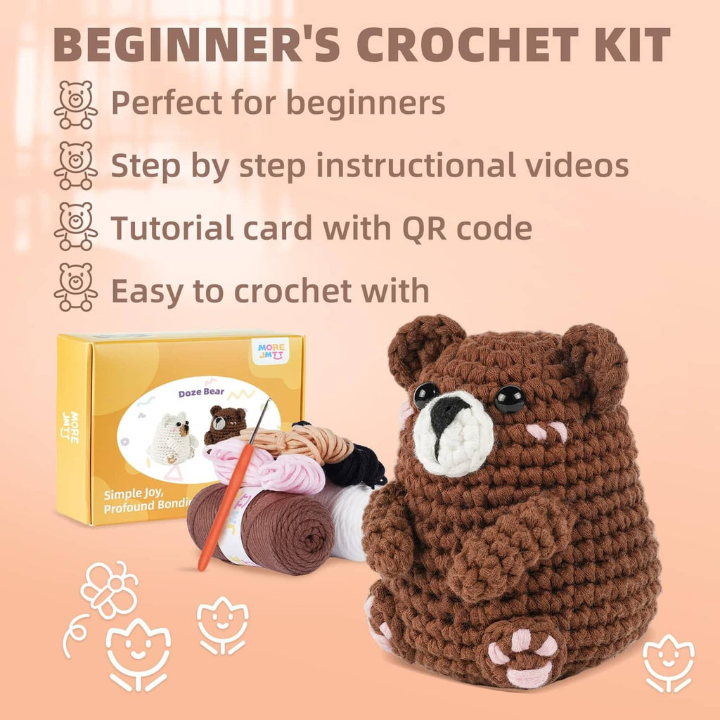 Beginner crochet kit with brown bear plush, yarn skeins, crochet hooks, and safety eyes
