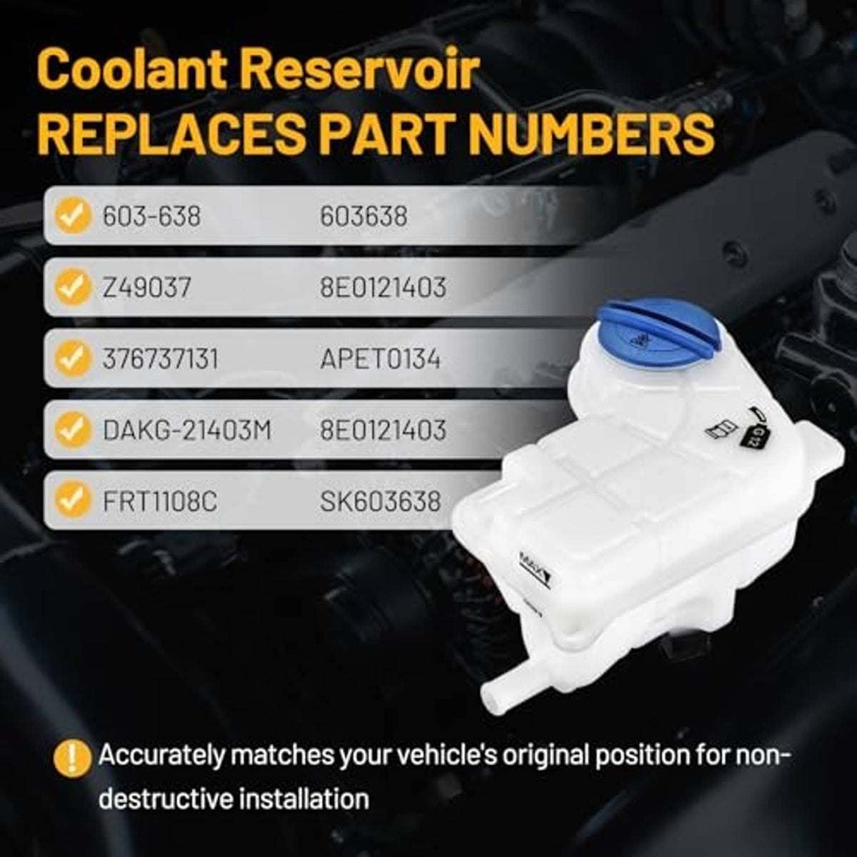 White coolant reservoir overflow tank with blue cap, angled view