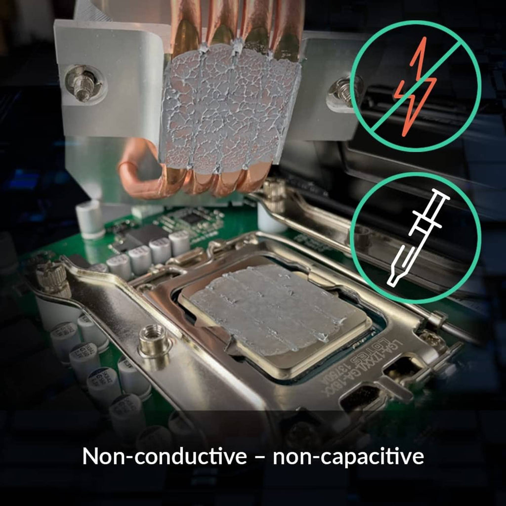Thermal paste spread on CPU heat spreader with non-conductive safety icons