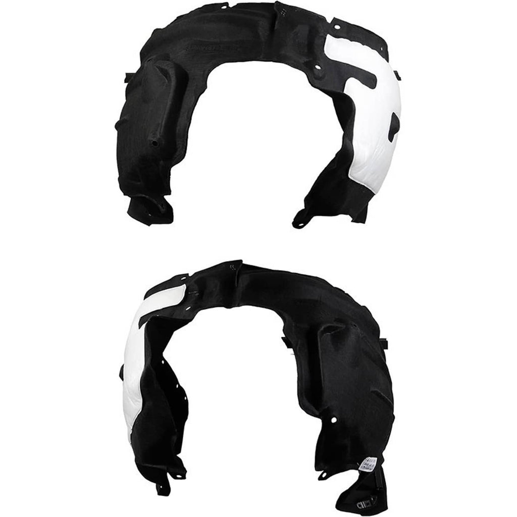 Pair of fender liners in black plastic with white foam pads, top and bottom views