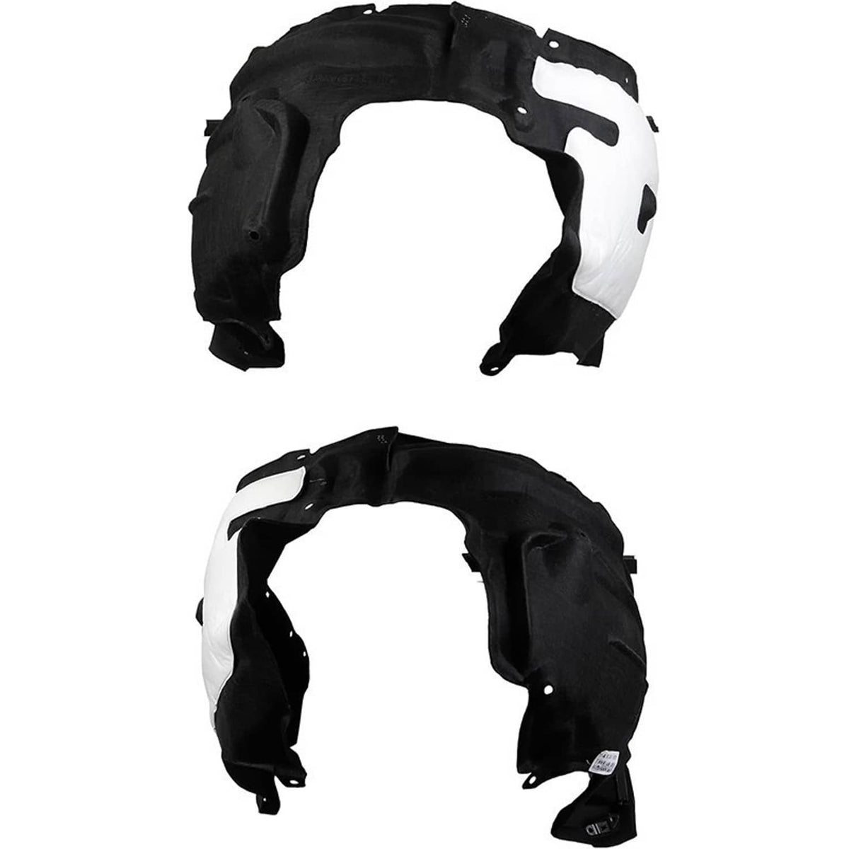 Pair of fender liners in black plastic with white foam pads, top and bottom views