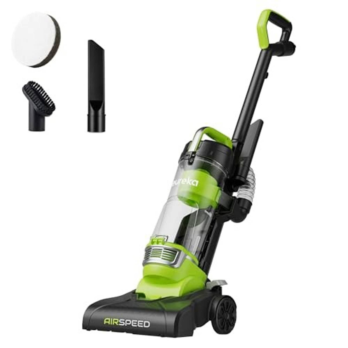 Green bagless upright vacuum cleaner with included crevice and dusting tools