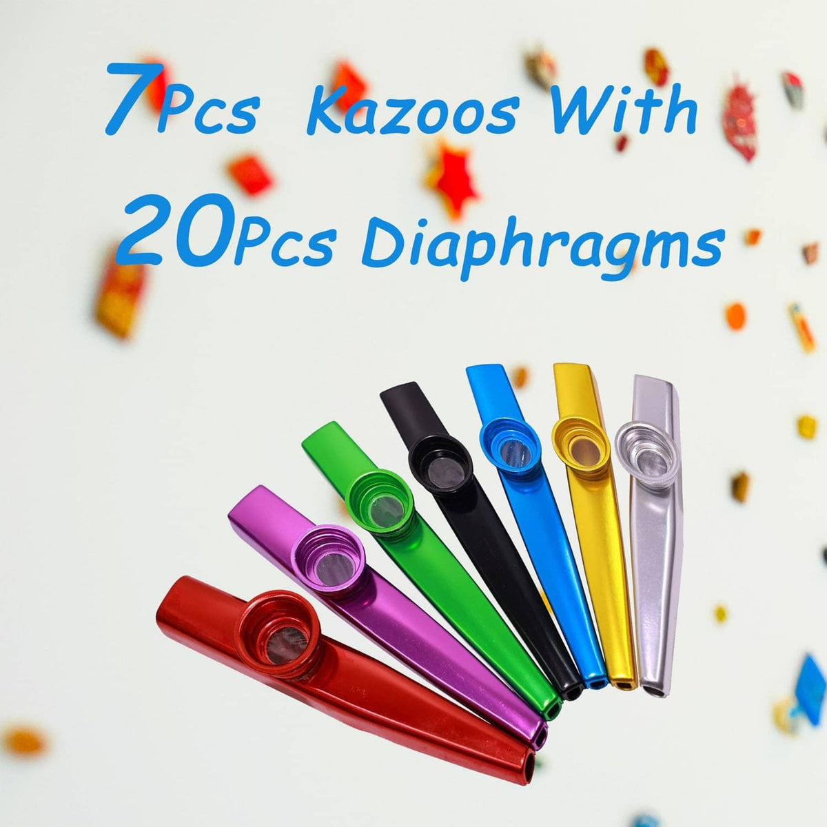 Colorful metal kazoo instruments set, multiple tubes in red, green, blue, and more