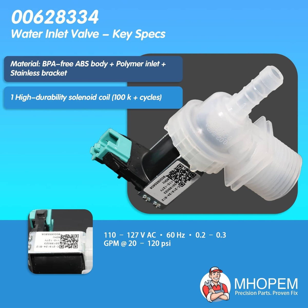 White water inlet valve for dishwasher with teal connector and ribbed inlet hose
