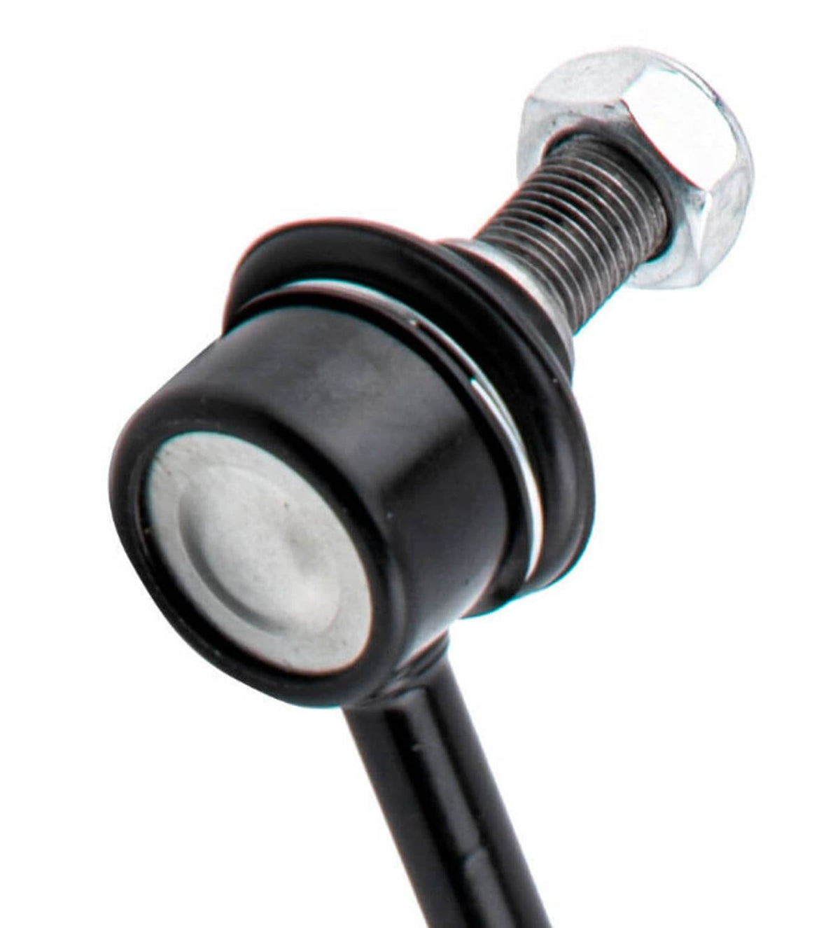 Front tie rod end with black rubber boot and threaded mounting stud