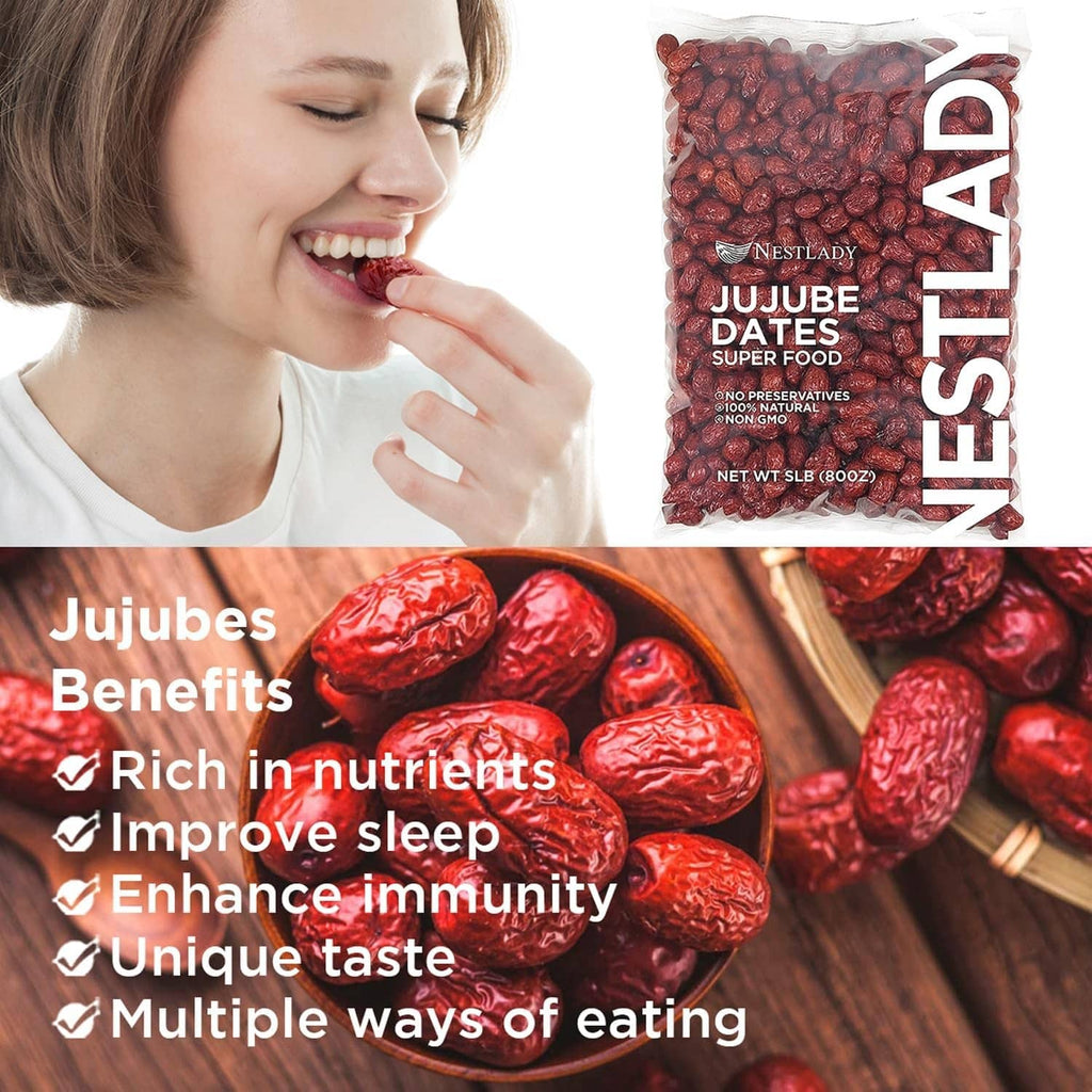 Clear bag of dried red jujube dates with a person eating a date