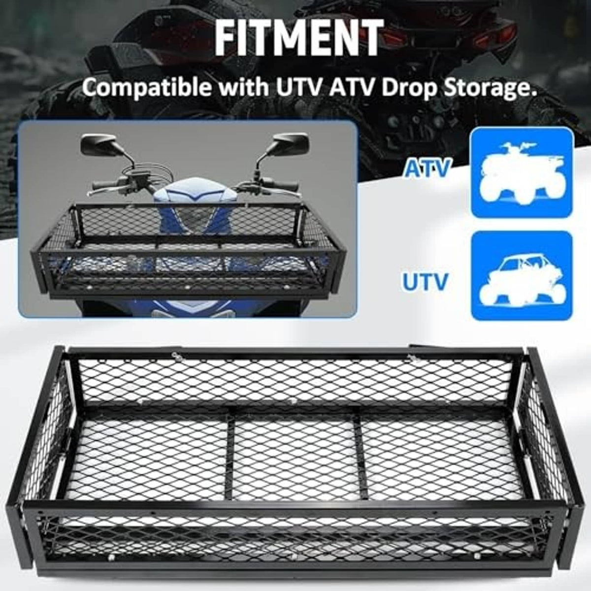Black steel mesh cargo basket with open tray and perimeter side rails