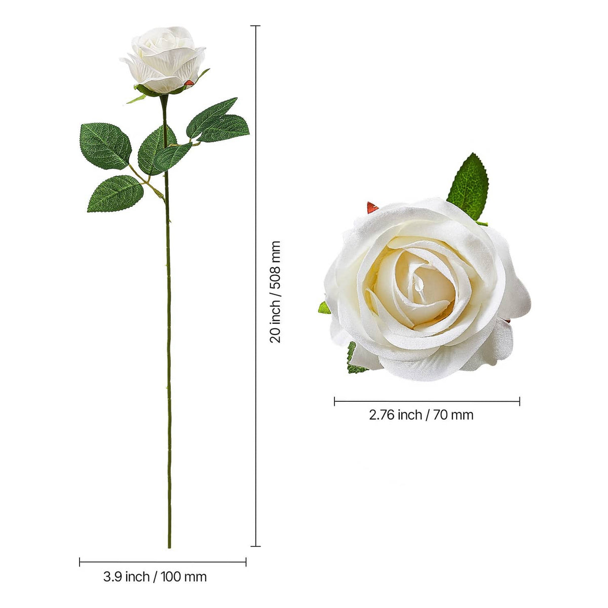 White artificial rose with green leaves on a long stem; single flower size diagram