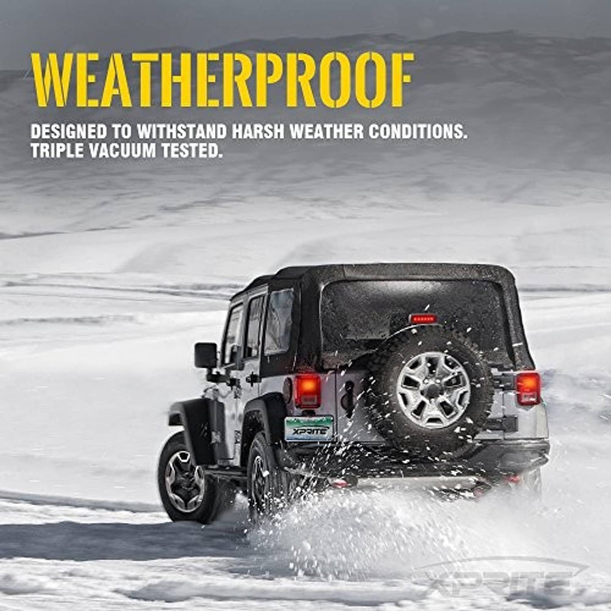 LED third brake light on a Jeep in snowy conditions, smoke lens glowing red at rear
