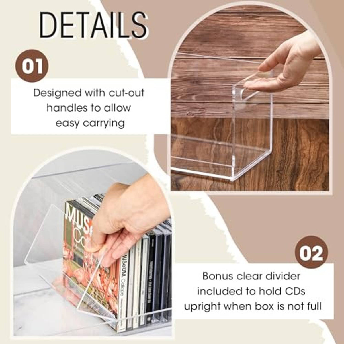 Clear acrylic CD storage box with cut-out handle openings and included clear divider