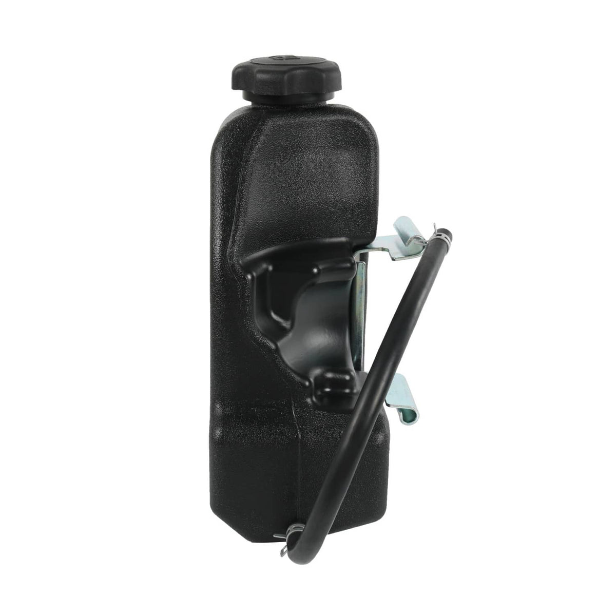 Black plastic fuel gas tank with screw-on cap and mounting bracket for mower engines