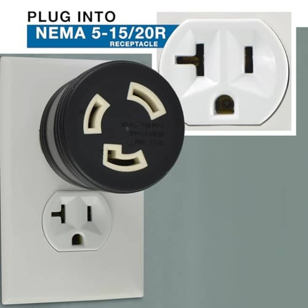 Black plug adapter plugged into a white NEMA 5-15/20R receptacle