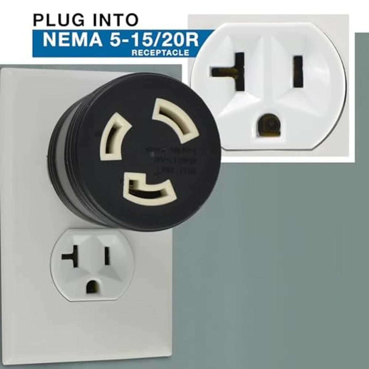 Black plug adapter plugged into a white NEMA 5-15/20R receptacle